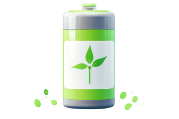 Eco-friendly rechargeable battery with plant icon symbolizing green energy and sustainability, isolated on a transparent background.