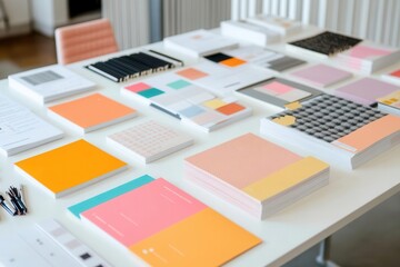Large white table with colorful brand identity leaflets and printed product catalogs