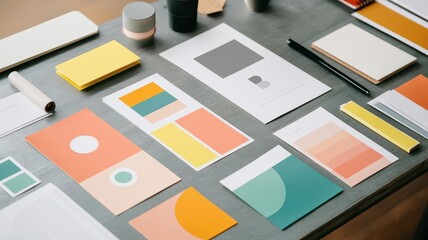 Marketing leaflets, brand guidelines, and logo designs laid out on industrial-style table