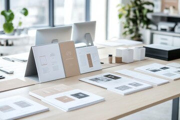 Modern office table with brand identity booklets, product sample pages, and printed catalogs