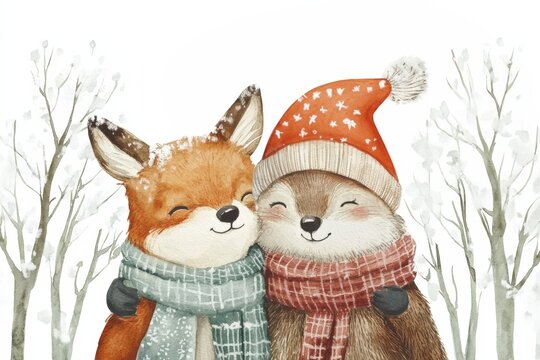 Watercolor illustration of adorable woodland animals preparing for christmas, embracing friendship and winter joy