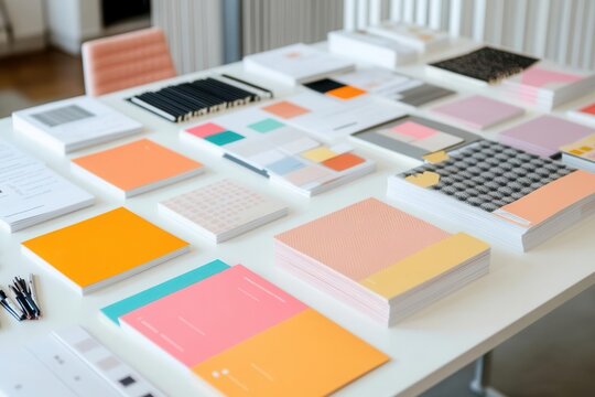 Large white table with colorful brand identity leaflets and printed product catalogs