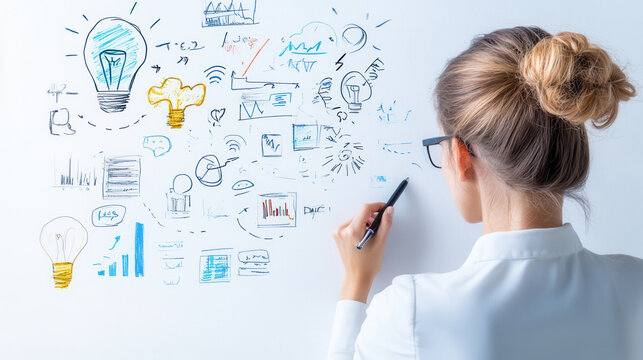 person analyzing mind map on wall, exploring ideas and concepts. scene conveys creativity and innovation in professional setting