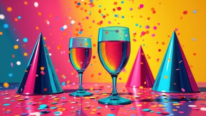 Obraz premium Party hats and two champagne glasses on a vibrant table, surrounded by colorful confetti, creating a festive atmosphere with bright hues.