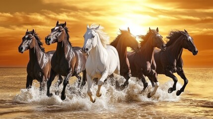 stampede of 7 colored majestic horses running through low water on a beach during a sunset, black and white 