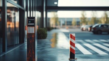 Fototapeta premium A modern building with a red and white striped pole and a security gate in front.