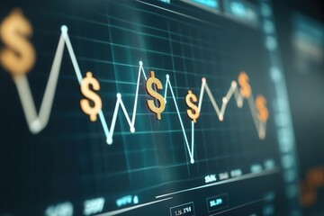Fototapeta premium Digital screen with upward trend lines and dollar signs, symbolizing positive money mindset