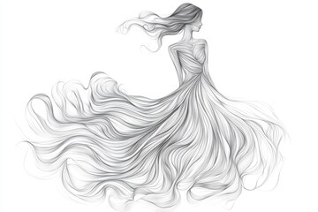  black line art drawing showing an abstract wedding dress