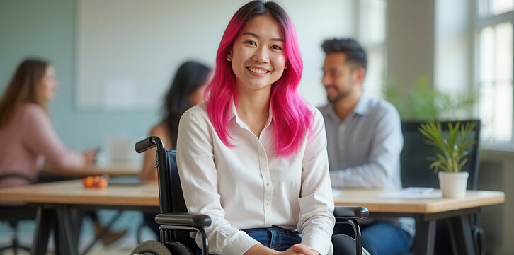 Happy young woman in wheelchair in inclusive company