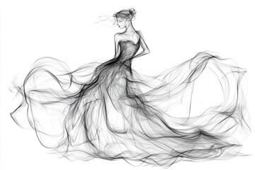 black line art drawing showing an abstract wedding dress