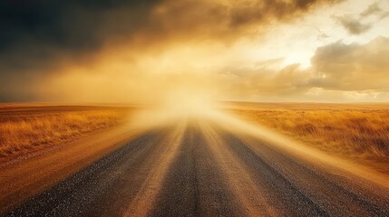 A long, empty road disappearing into a cloud of dust kicked up by the wind in a wide-open desert