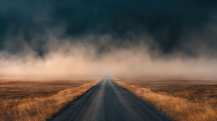 A long, straight road cutting through a dusty prairie, with dry grass and dust clouds trailing in the distance