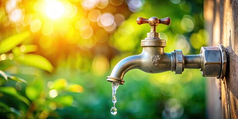 Dripping outside tap in summer showing a conceptual water ban or shortage render