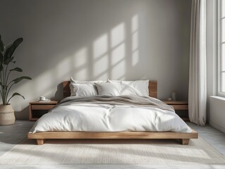 Gray walls in this minimalist bedroom are paired with light-colored bedding and simple wooden furniture