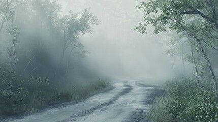 Obraz premium A misty morning scene of a road covered in ash, with hints of green vegetation struggling to emerge through the gray blanket.