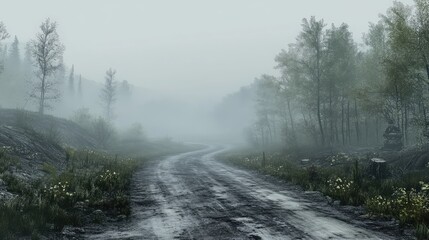 Obraz premium A misty morning scene of a road covered in ash, with hints of green vegetation struggling to emerge through the gray blanket.