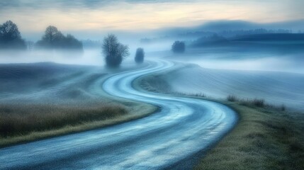 Fototapeta premium A misty road disappearing into the fog as it curves gently through a quiet countryside landscape