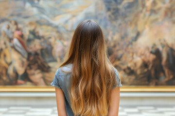 Back view of a attractive woman looking at renaissance style paintings in an old museum art gallery.