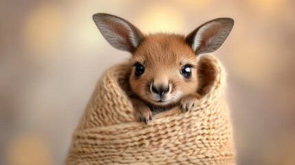 Obraz premium Adorable baby kangaroo peeking from cozy knitted blanket, showcasing its big eyes and soft fur, evoking warmth and cuteness