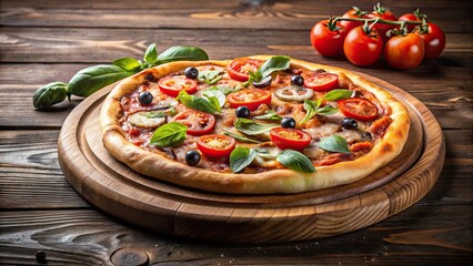 Delicious pizza on wooden cutting board, pizza, oozing cheese, melted cheese, Italian cuisine, food photography