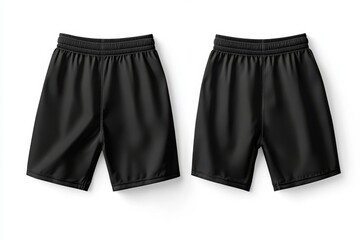 Front and back view of black sports shorts isolated on white background