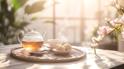 Fototapeta premium Asian Breakfast with Steamed Dumplings and Hot Tea