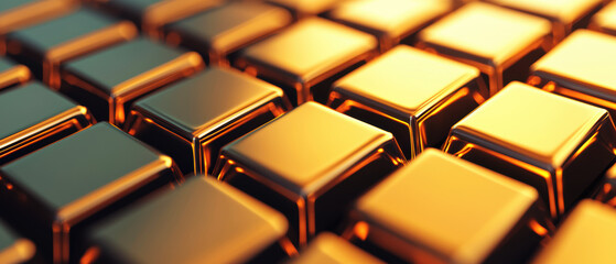 Obraz premium A close-up view of shiny gold bars arranged in a grid, showcasing their smooth surfaces and metallic luster.