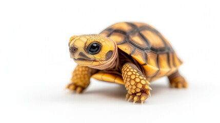 Obraz premium Adorable 4 month old baby tortoise slowly walking on white background, showcasing its unique shell patterns and bright colors, evoking sense of curiosity and wonder