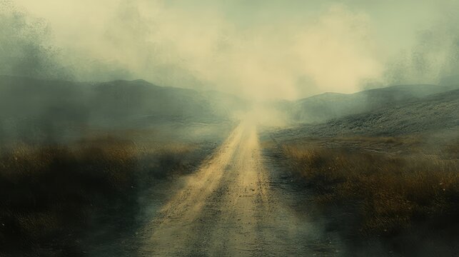 A narrow road cutting through a dust-covered landscape, with a slight breeze lifting the fine particles into the air