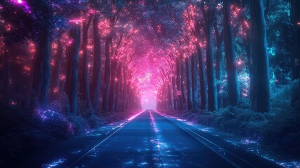 A narrow road through a futuristic, metallic forest, with the glowing surface reflecting the advanced technology embedded in the surroundings