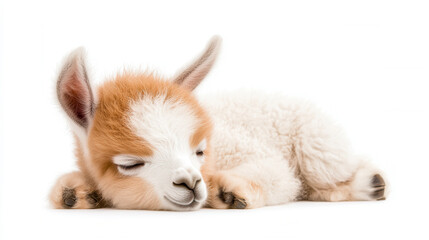 Obraz premium Charming baby llama sleeping peacefully with soft, fluffy fur. This adorable creature showcases mix of white and light brown colors, embodying tranquility and cuteness
