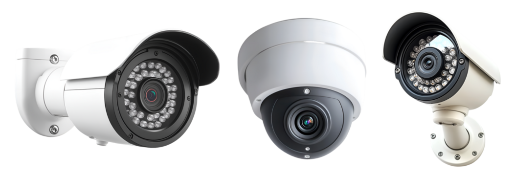Security cameras in different designs isolated on transparent background, PNG