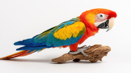 Fototapeta premium Vibrant macaw perched on branch, showcasing bright red, yellow, and blue feathers. This stunning bird exudes charm and beauty in its natural pose