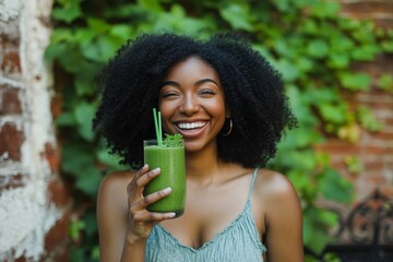 Fototapeta premium Happy young woman with afro hair smiling and holding a healthy green smoothie outdoors