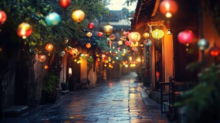 A narrow village road at dusk, with colorful lanterns lighting the way and creating a magical atmosphere.