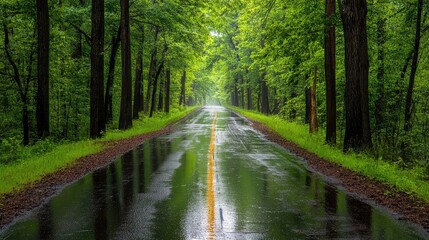 Fototapeta premium A narrow wet road in the middle of a forest, with the asphalt reflecting the green canopy of trees after rain