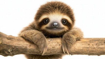 Obraz premium Charming baby sloth with playful expression, hanging from branch. This adorable creature showcases its soft fur and endearing features, evoking joy and warmth