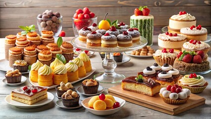 Assorted delicious desserts and pastries on a beautifully set table , sweets, treats, confections, bakery, cakes