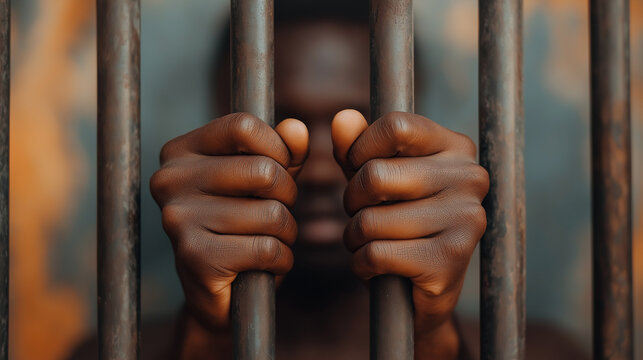 Close-up of a man's hands gripping prison bars.