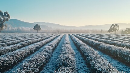 tea plants covered with a thin layer of frost during a chilly winter day, with a clear blue sky and distant hills 