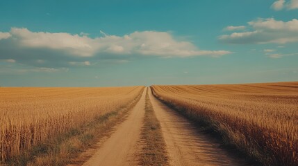 Fototapeta premium A quiet dirt road in the middle of an open field, stretching for miles with no sign of human presence