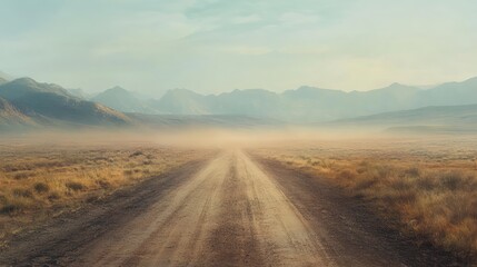 A remote dirt road leading into a dusty, windswept horizon, with mountains barely visible through the haze