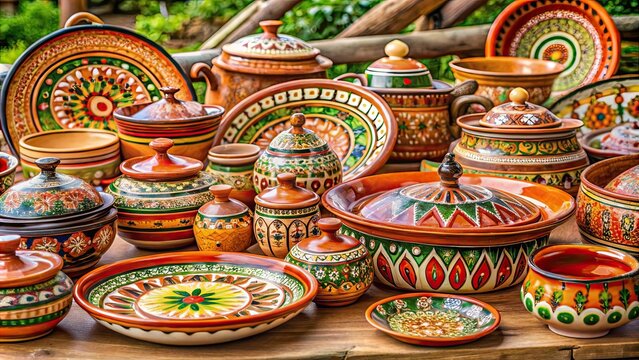 Traditional Ukrainian dishes displayed on hand-painted clay ceramics with Kosiv motifs , Ukrainian