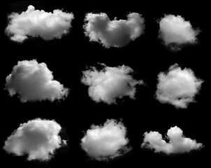 Collection of isolated clouds on black background. Fog or smog background. Set of different types of clouds. Fluffy white cloud texture.