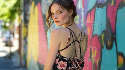Fototapeta premium Stylish Model Posing Against Colorful Mural Background