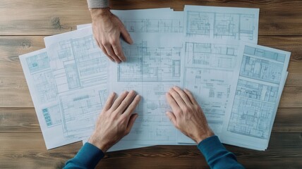 Obraz premium Hands arranging multiple blueprints and planning papers on table, detailed shot, photorealistic