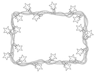 Christmas light garland frame border with festive bulbs. Hand drawn vector black illustration on white background. Ideal for holiday cards and printable coloring pages. Classic xmas decor design
