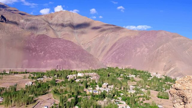 Ancient Buddhist monastery of Alchi at the foot of stunning mountains in Alchi, Ladakh, India.