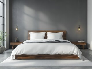 Gray walls with white bedding and minimalist decor create a sharp, modern masculine bedroom