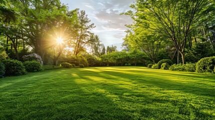 Obraz premium Beautiful Landscape nature background panorama image of spring nature with surrounded by trees against a blue sky with clouds on a bright sunny day.